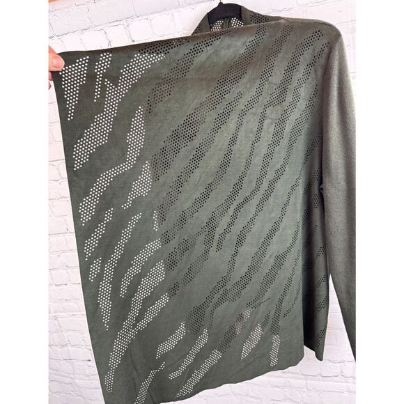 CHICO'S green khaki perforated faux suede knit open front cardigan sweater 3 XL - Picture 3 of 9